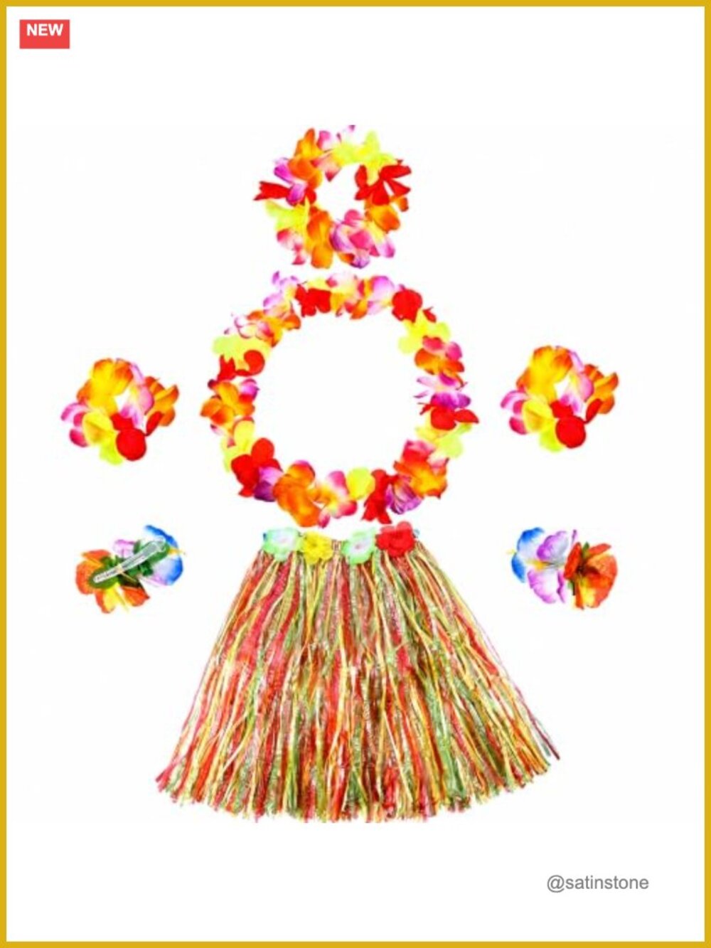 Hawaiian Hula Dance Costume Set Grass Skirt Flower Leis 7 Pcs